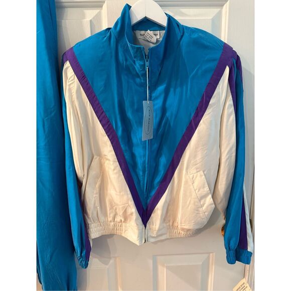 Vintage Silk Express 100% Silk Aqua White & Purple Track Suit sz S NWT - Picture 2 of 10